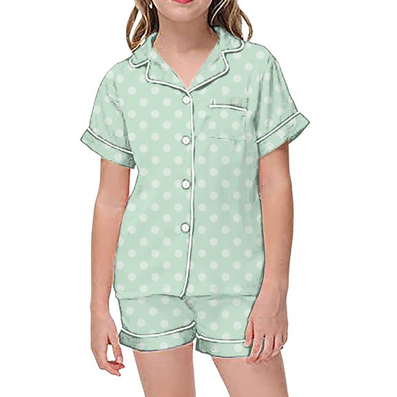 Pajamas for Girls Soft Satin Lightweight Button-Down Top with Shorts 2 Piece PJS Summer Pajamas for Girls Summer Short Sleeve PJ Set Kids Nightwear