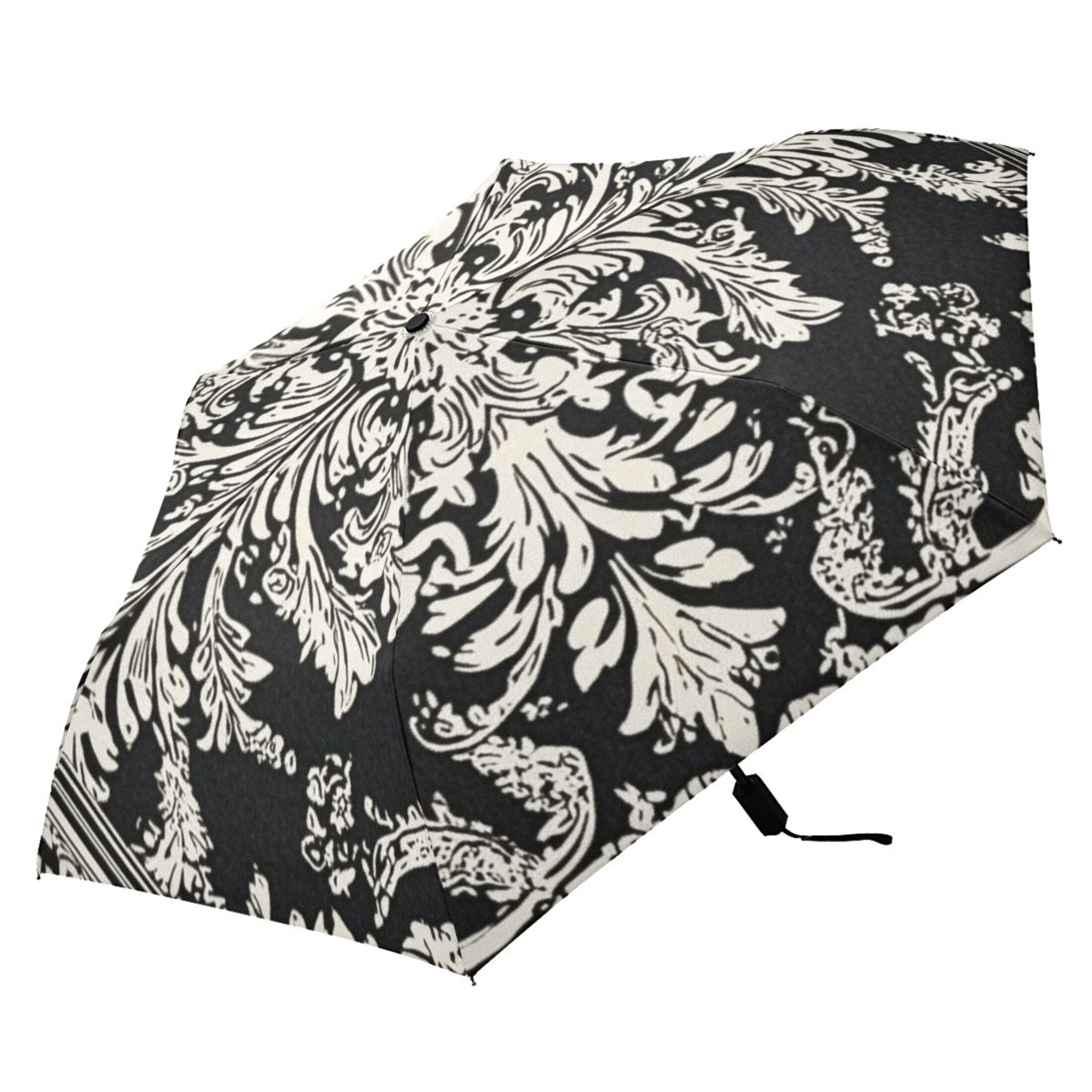 Black and White Paisley Flowers Pattern All Weather Umbrella Triple Folding Parasol 6 Ribs UV Protection Portable