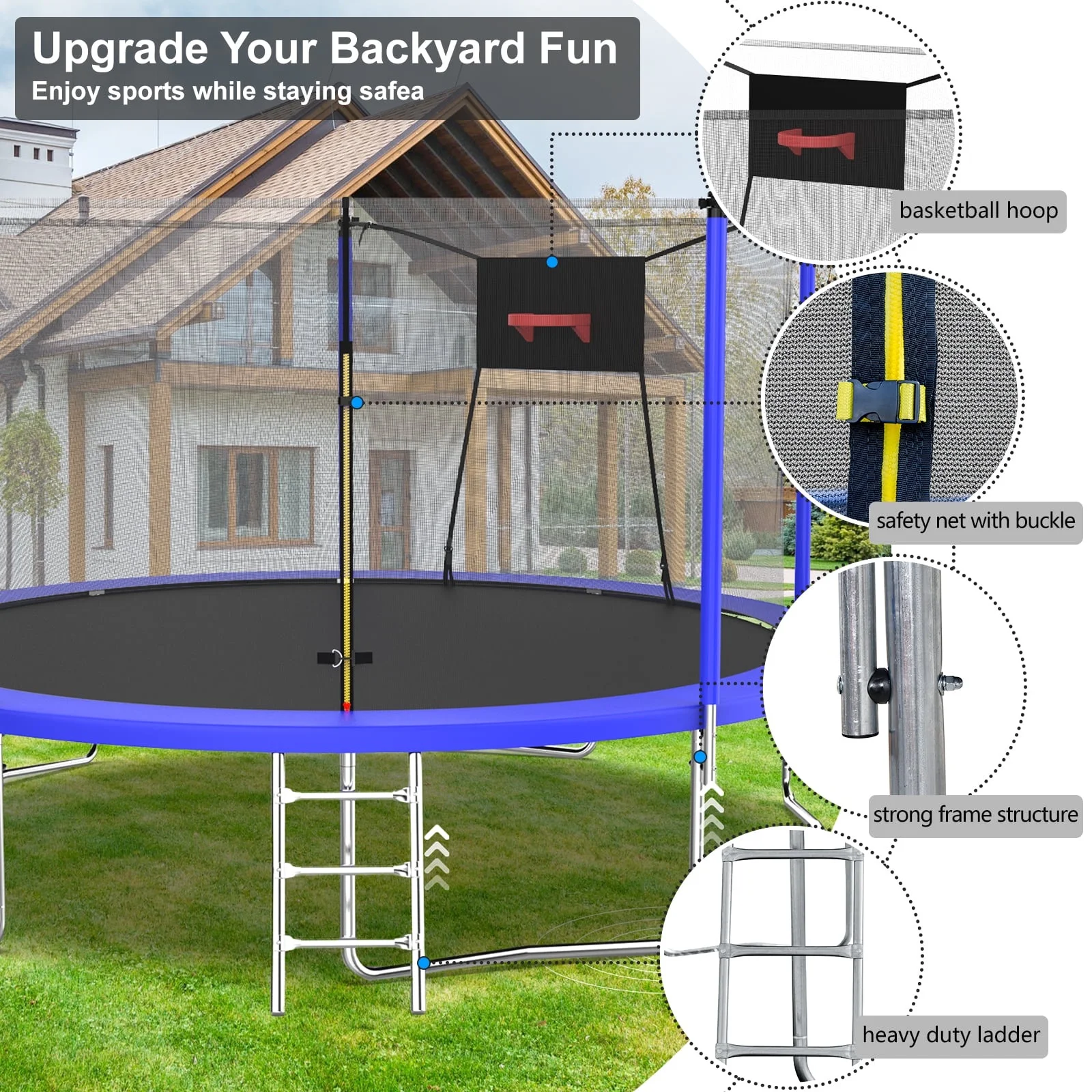 14FT Recreational Trampoline with Enclosure Net and Ladder, SEGMART Outdoor Trampoline with Basketball Hoop, Backyard Trampoline, Heavy Duty Round Trampoline for Kids and Adults