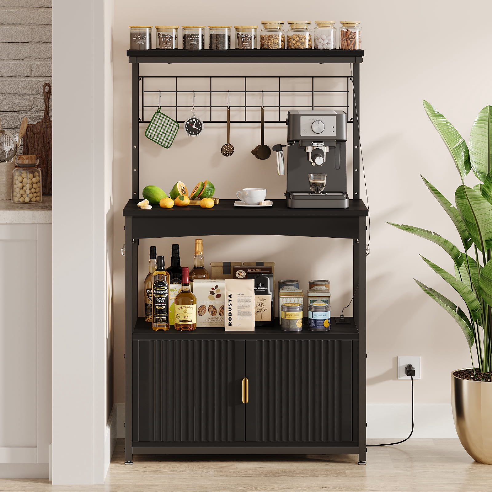 Bestier Bakers Rack with Power Outlet, Height-Adjustable 45" to 55" Kitchen Microwave Stand with Sstorage Cabinet, Coffee Bar Cabinet with LED Light, Kitchen Stand with 10 S-Hooks (Black)