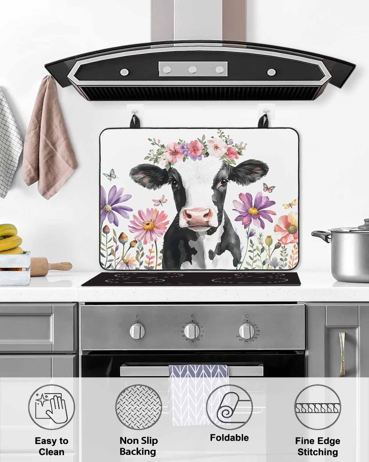 nqOlkjepod Large Induction Cooktop Protector Mat 24"x21", Flowers Cow Stove Top Covers for Electric Stove, Spring Botanical Floral Plants Butterfly Stove Burner Cover Mats, Glass Top Stove Cover