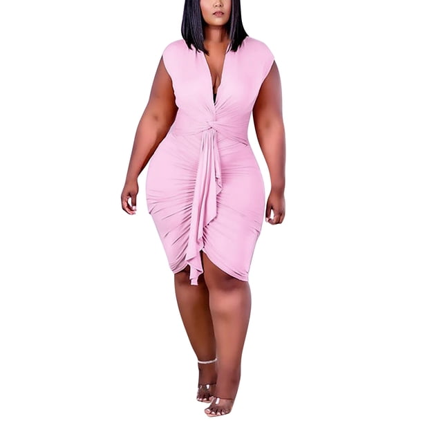 Gibobby Vestido corto casual para mujer Vestido cruzado asimétrico con cuello en V a la moda para mujer de talla grande(Rosa,XL)