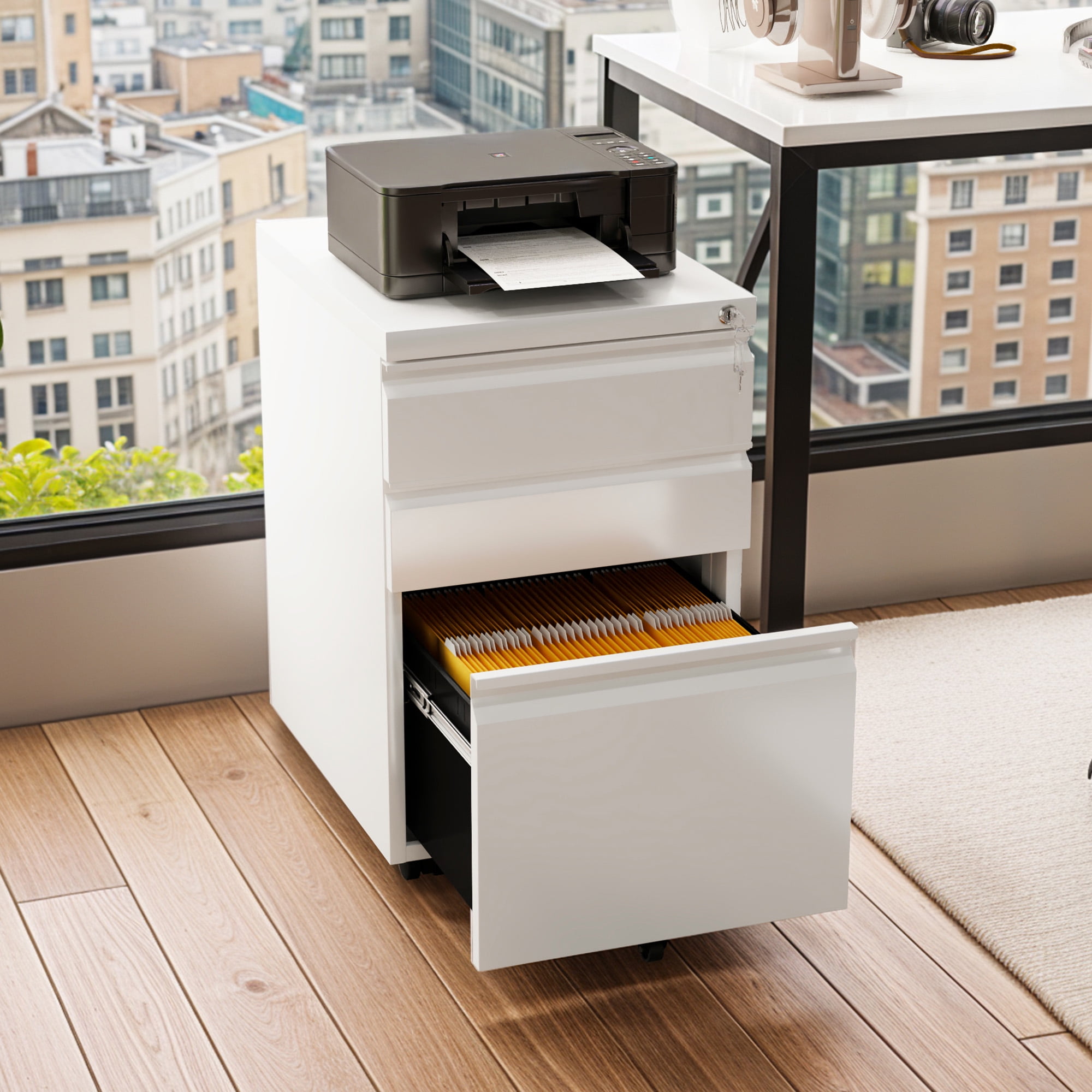 Craftian 3-Drawer Vertical File Cabinet Storage Mobile Office Metal Lockable Legal/A4 Size，White