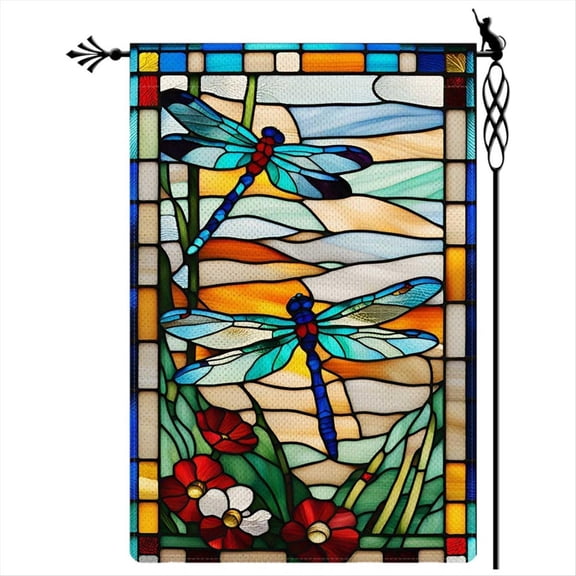 Dragonfly Garden Flag Glass Style Flowers Vertical Double Sided Rustic Farmland Burlap YardOutdoor Decor