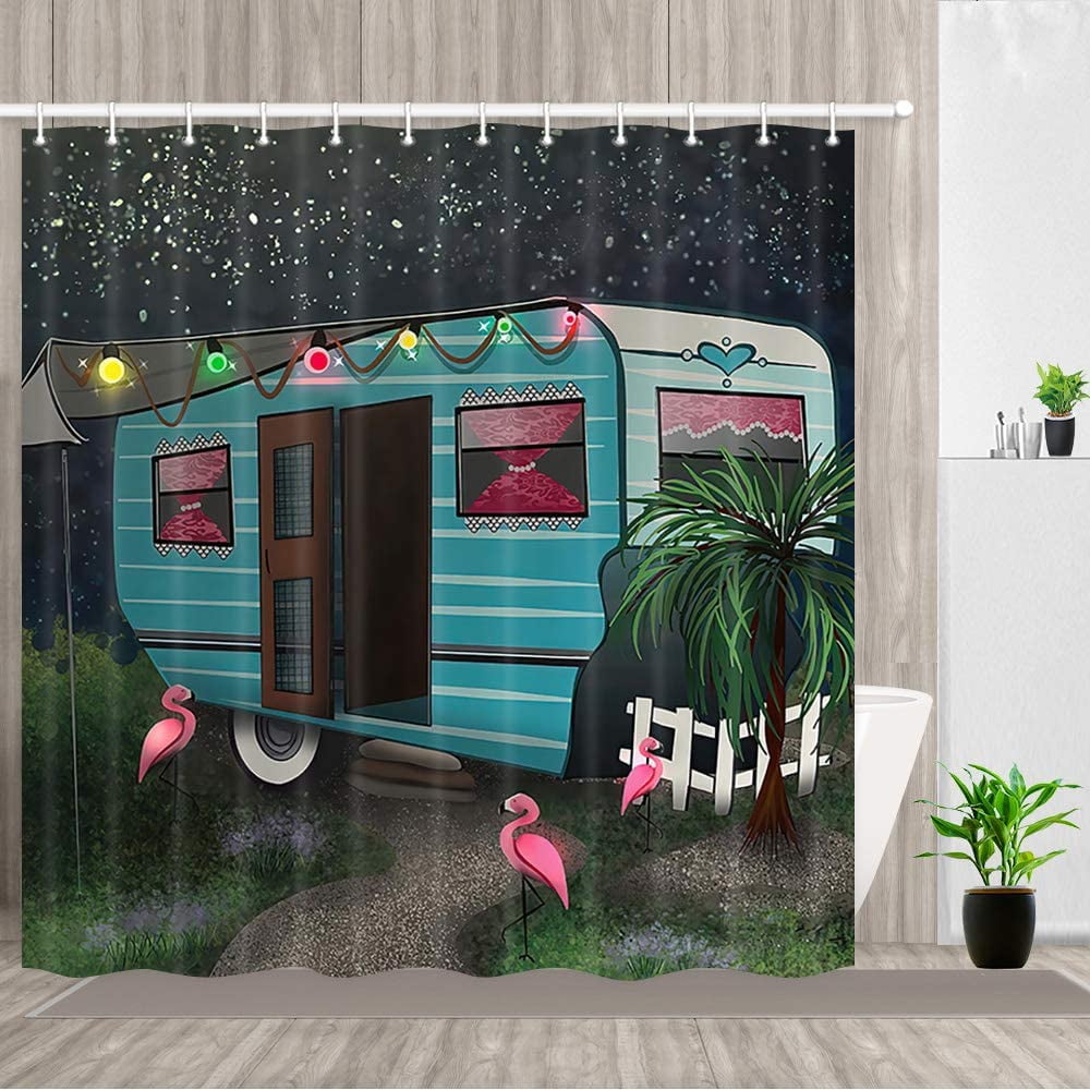 Camping Shower Curtain Travel Trailers Flamingo Kids Camper with Hooks