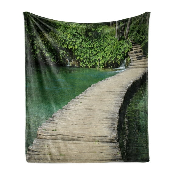 Landscape Soft Flannel Fleece Throw Blanket, Photo of Green Plitvice National Park Croatia Nature Beauty, Cozy Plush for Indoor and Outdoor Use, 70" x 90", Lime Green Dark Eggshell, by Ambesonne