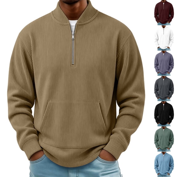 Fmbrln Mens Quarter Zip Sweatshirt Ribbed Stand Collar Long Sleeve Shirts Fall Winter Solid Color Fashion Casual Pullover Tops with Pocket Wine S