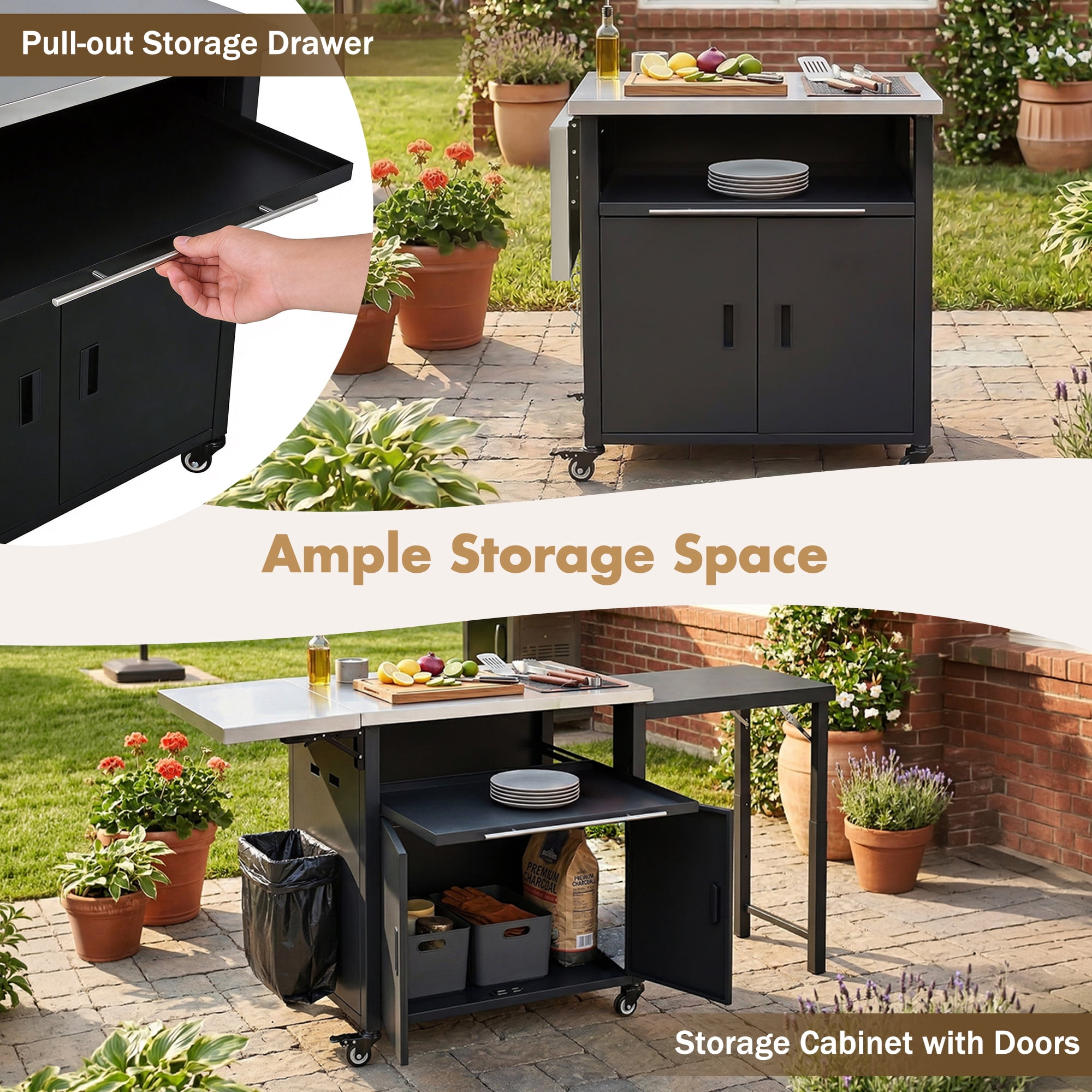 Foldable BBQ Prep Cart, Outdoor Patio Dining Serving Cart with Trash Rack for Backyard, Black