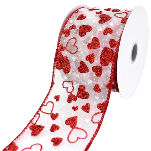 Homeford Valentine's Sheer Organza Glittered Hearts Wired Ribbon, 2-1/2-inch, 10-yard, White