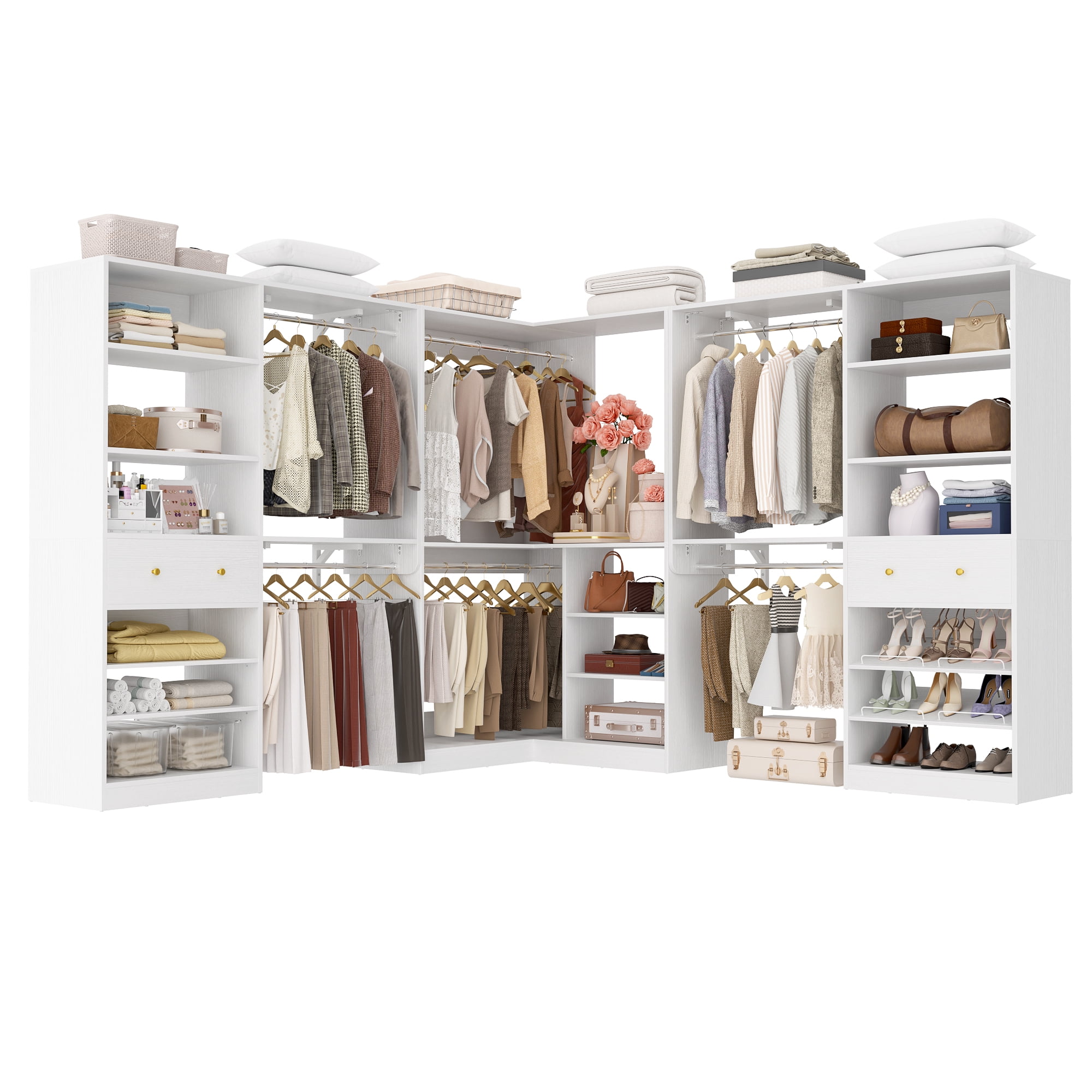 Homieasy Closet system with 2 wooden drawers, 6 hanging rods and