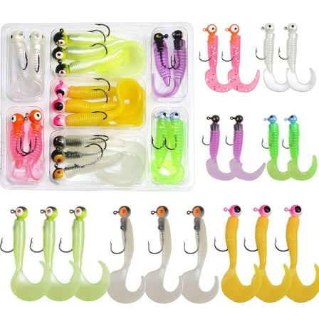 Grub Lures Fishing Jigs Head Hooks Kit,Crappie Jigs Fishing Lures Kit Soft Plastic Grub Tail Worm Lure Bait for Bass Trout Saltwater Freshwater Fishing
