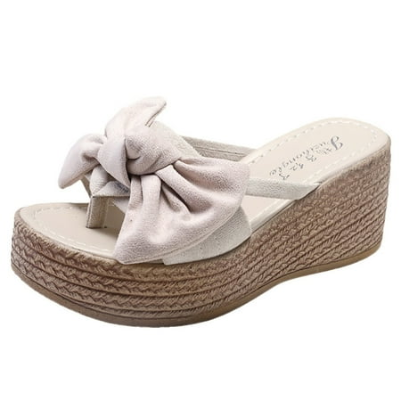 

Slippers for Women Womens Fashion Wedges Open Toe Butterfly-Knot Beach Shoes Roman Slippers Sandals Womens Slippers Pu Beige 38