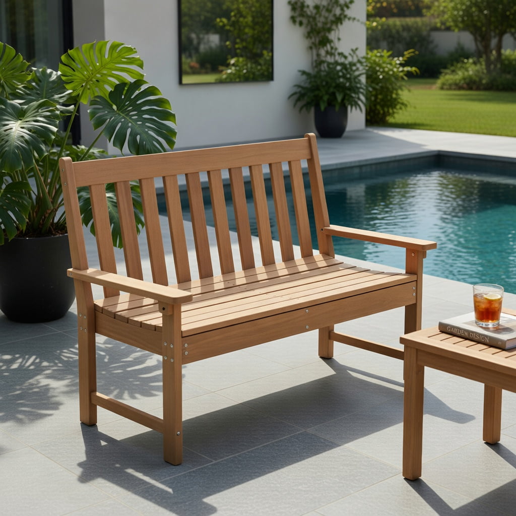 Hommoo 52" All-Weather HDPE Outdoor Bench with Backrest & Armrests, Weather-Resistant Teak-Style Patio Seating for Porch, Garden, Backyard, Natural