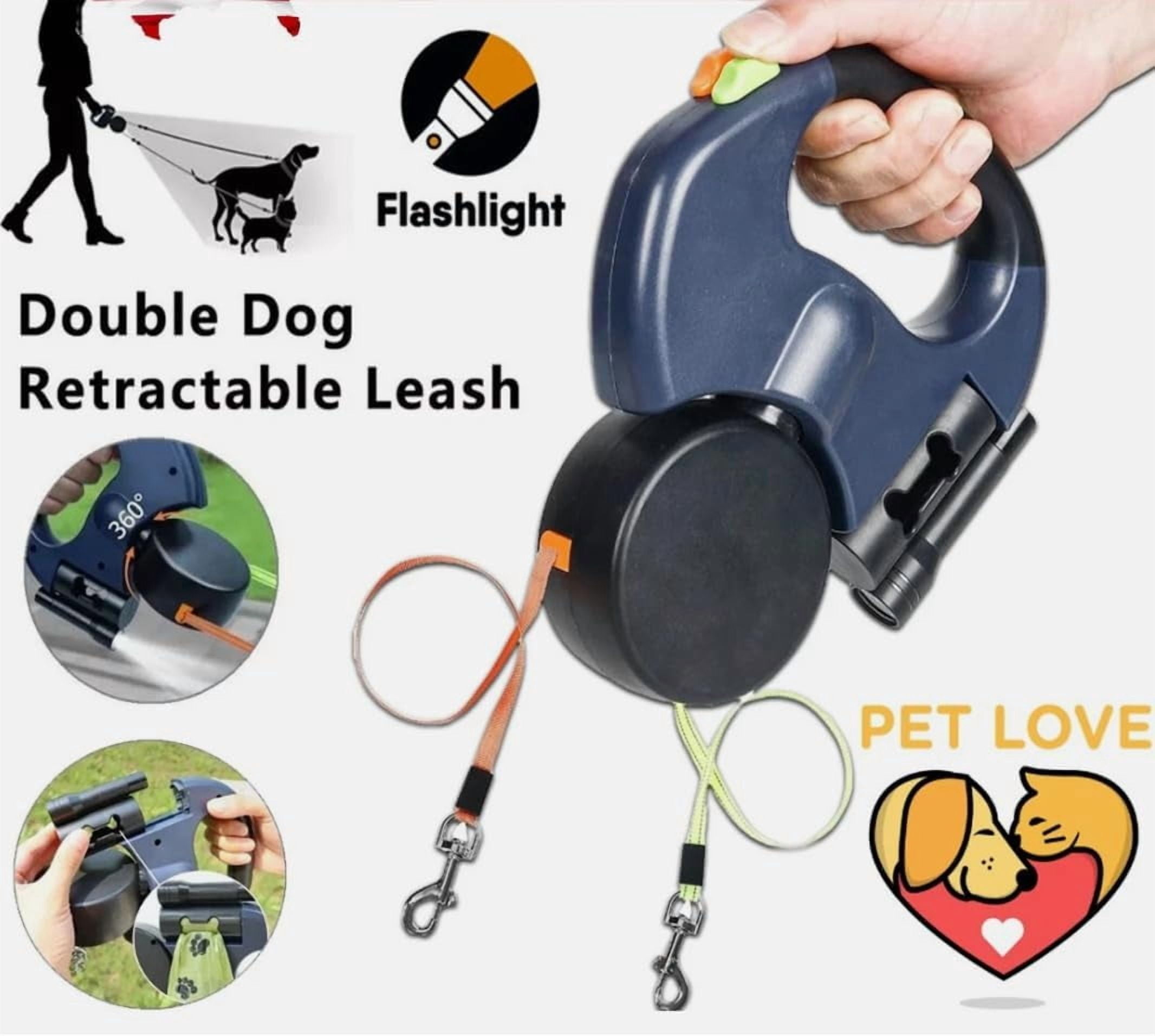 Dual Retractable Dog Leash with LED Flashlight & Poop Bag Holder, Tangle-Free Lock Control, One-Handed Brake for Small Medium Large Dogs