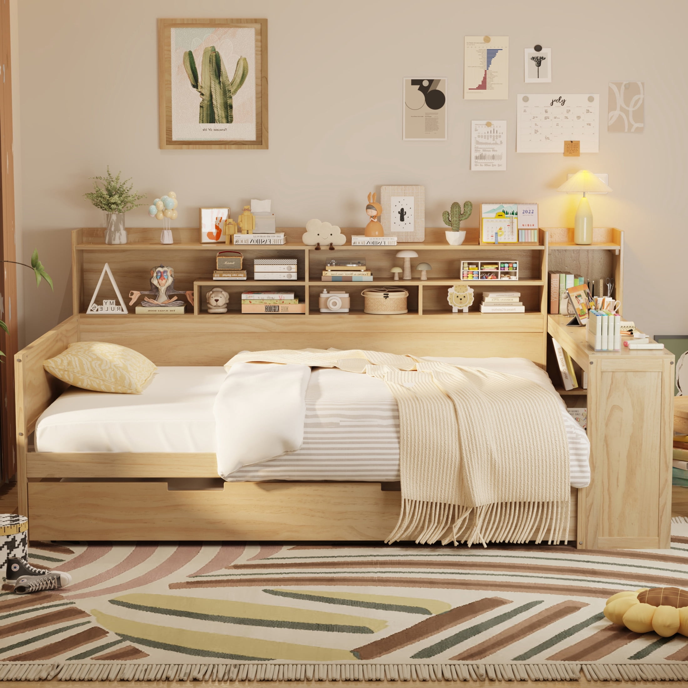 Noble House Full Size Daybed with Twin Trundle, Storage Shelves and Study Desk, Natural