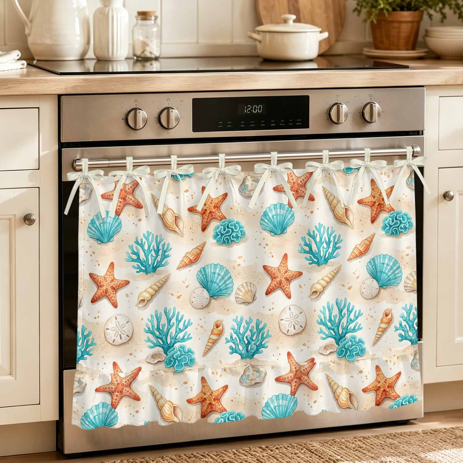 Oven Skirt Curtain for Kitchen 20x27 Inch Watercolor Ocean Oven Curtain with 8 Ribbon Ties & Ruffle Trim Stove Skirt Curtain Dishwasher for Cabinets Tropical Coastal Coral Starfish Conch Beige