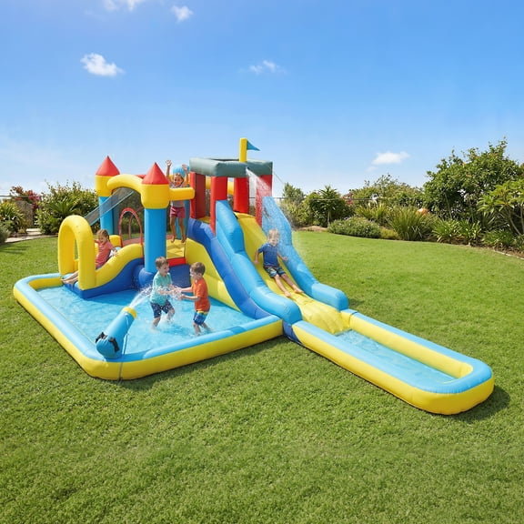 Qaba 6 in 1 Inflatable Water Slide Park, Kids Bounce House with Splash Pools, 2 Slides, Trampoline, Climbing Wall, Cannon, Basketball Hoop