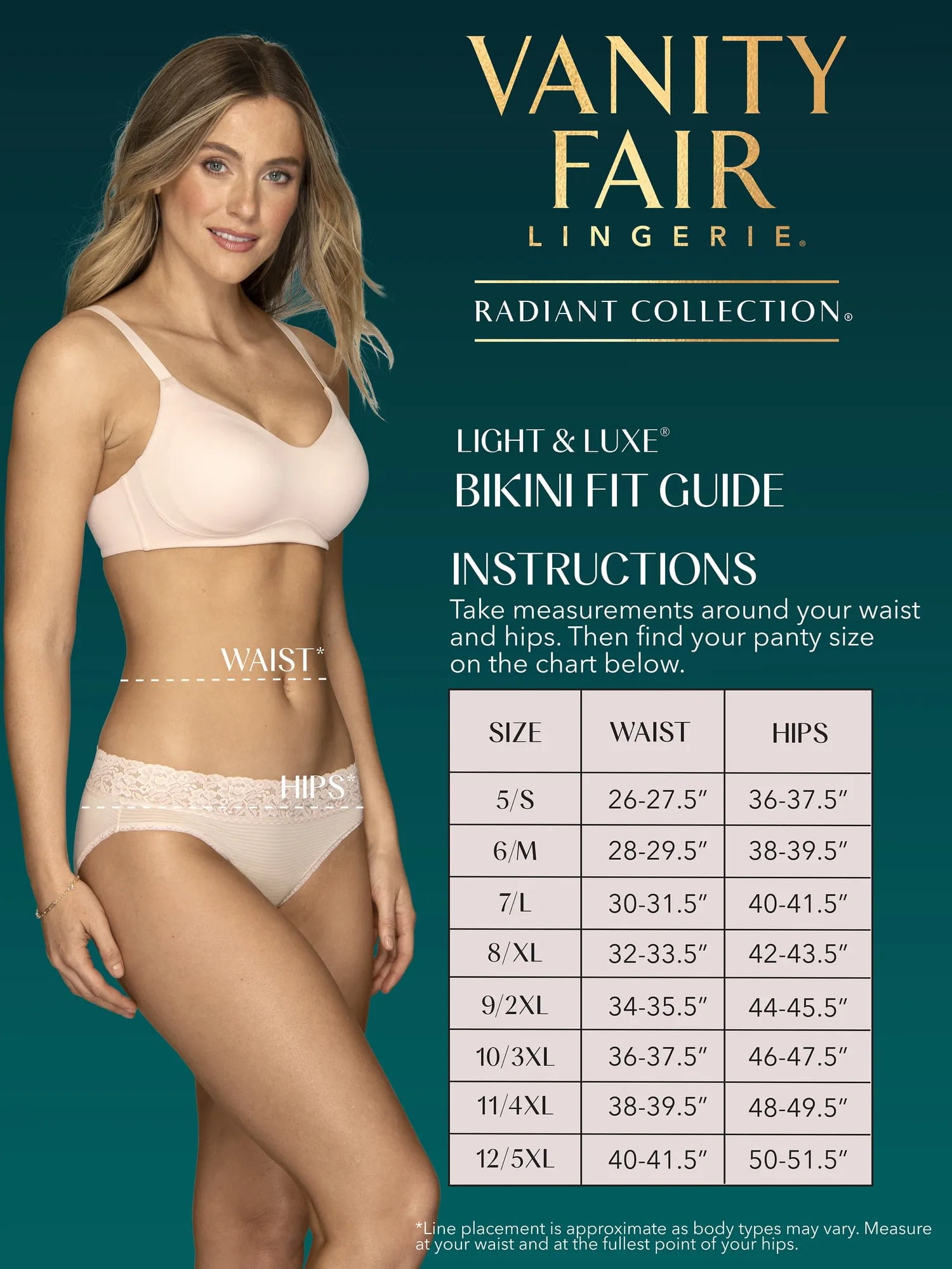 Vanity Fair Radiant Women's Light and Luxe Bikini Underwear - No Pinch, Stretch Lace Waistband, 3-Pack, Sizes S-5XL