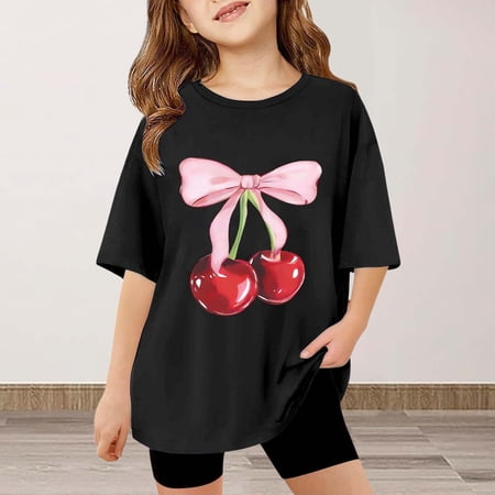 Wuxian Boys Valentine S Day Girls Graphic Shirt Round Neck Heart Print Short Sleeve Top T-Shirt Casual Breathable Cozy Breathable Relaxed Dailywear Basic Tees Black 5-6 Years