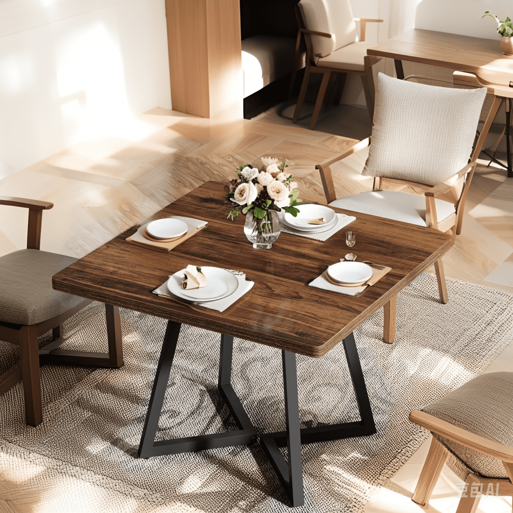 MAYEERTY 31.5" Square Dining Table for 4, Vintage Brown MDF Top Black Industrial Metal Legs