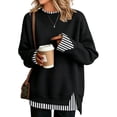 thumbnail image 2 of Women Crewneck Sweatshirts Long Sleeve Loose Fit Fall Pullover Tops Teacher Side Slits Fake Layered Crew Neck Cowboy Chic Clothes Warm Cozy Tunic Shirts, 2 of 4