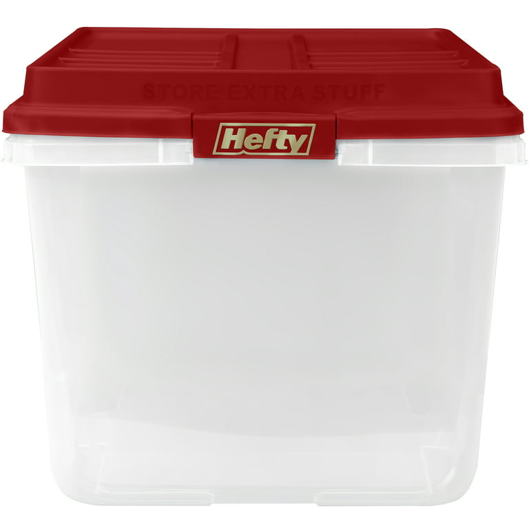 Hefty 72 qt Clear Plastic Holiday Latched Storage Bin, Red Lid