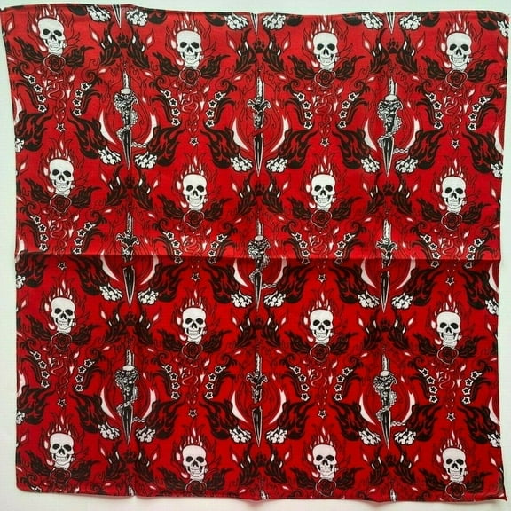 Bandana Red Skulls and Daggers 100% Cotton 22 X 22 Bandanna