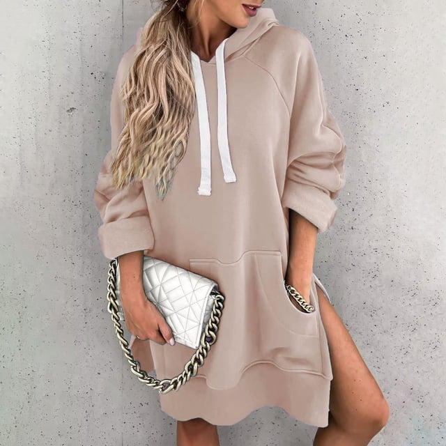 TINZ Chandail à Capuche pour Femmes Manches Longues Couleur Unie avec Poche, Décontracté, Ample, Polyester