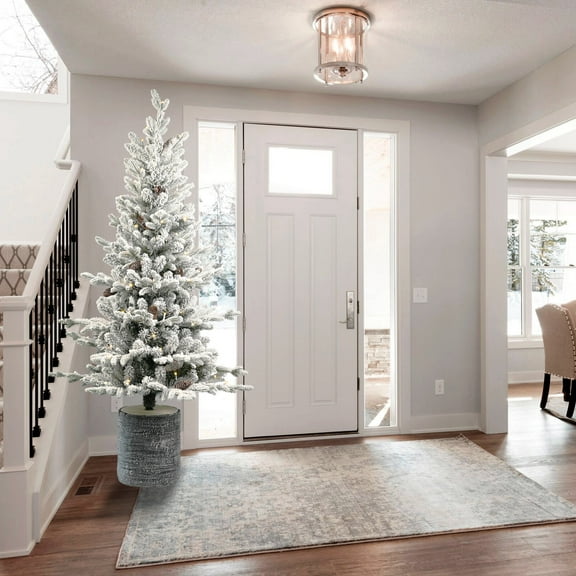 Christmas Trees 4.5FT Flocked Christmas Tree with Pot Base, 150 Warm White LED Lights, 720 Tips, PE PVC Branches with 19 Pine Cones – Small Prelit Holiday Tree for Tabletop, Entryway, or Home Decor,A