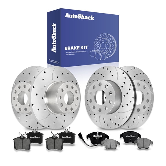AutoShack Front Vented & Rear Solid Drilled & Slotted Silver Zinc Coated Brake Rotors   Ceramic Pads 12-PC Brake Kit Replacement for 2015-2018 Volkswagen Jetta 2009-2013 Audi A3 SilverShield Pro