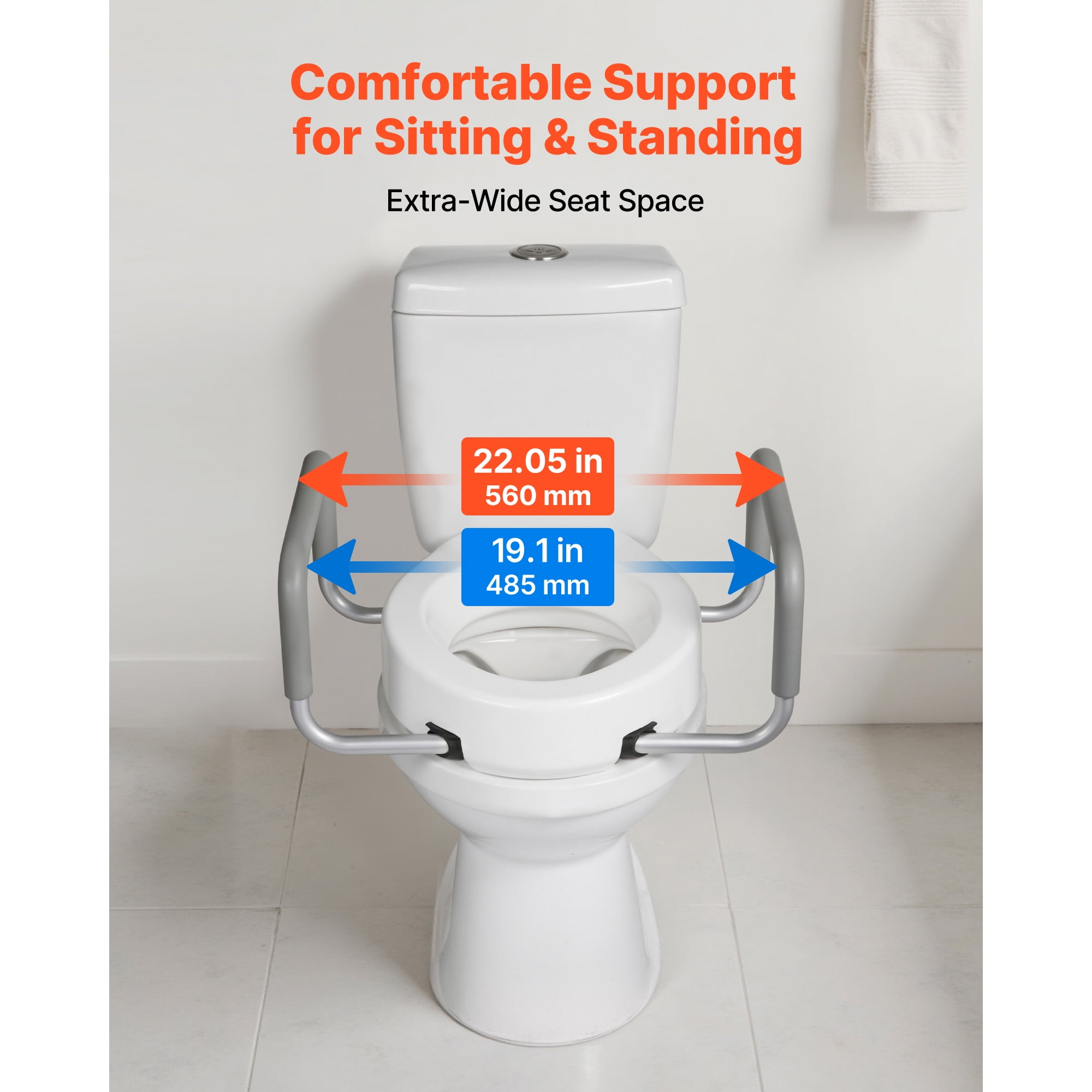 KFFKFF Raised Toilet Seat with Arms, 300 lbs Weight Capacity, 3.5-Inch Height Increase, Wide Elevated Commode Seat with Cushioned Handles for Seniors, Adults, and Individuals with Disabilities