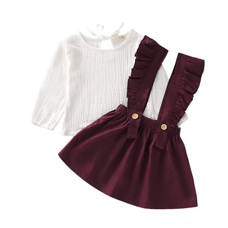 

GRNSHTS Toddler Baby Girl Cotton Linen Long Sleeve Shirt + Ruffled Suspender Skirt Outfits Wine 2-3T
