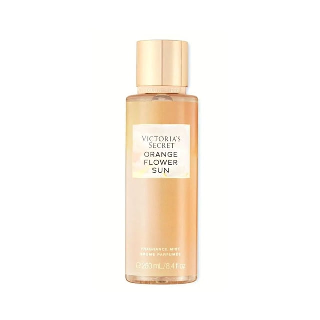 victoria´s secret body mist orange flower sun victoria's secret vs64045 Body mist en spray 250 ml/8.4 oz; botella cilíndrica translúcida ámbar claro con tapón dorado y etiqueta blanca con marca y nombre Orange Flower Sun. Fragancia frutal para dama; combina con la loción corporal a juego y suele usarse para refrescar prendas ligeras.