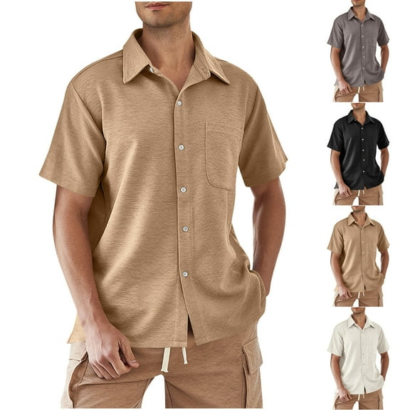 Antinious Mens Summer Beach Shirt,Workout Tops Men,Mens Short Sleeve Shirts Button up Fashionable Casual Solid Pocket Top/Shirt,Khaki,S