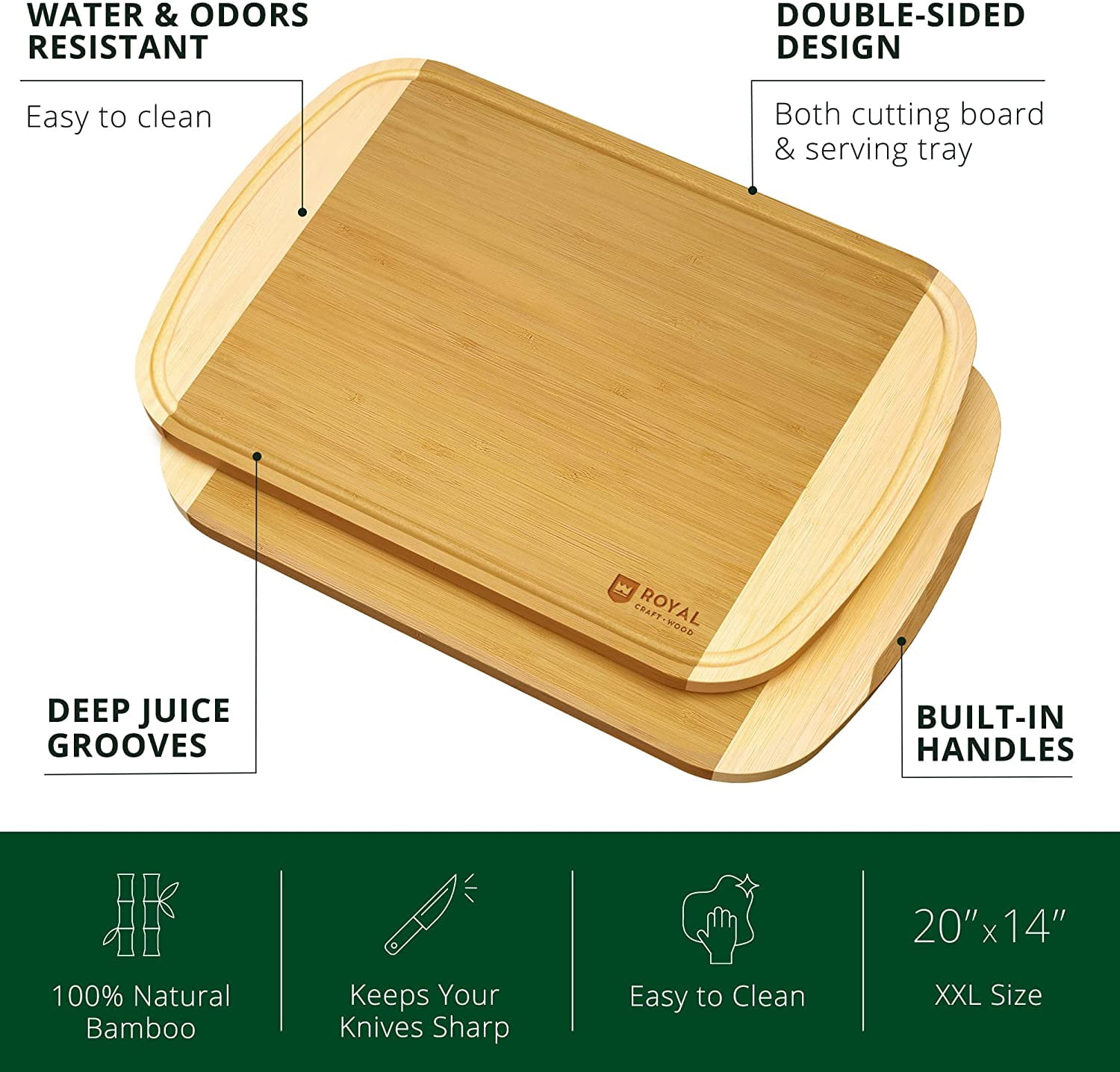 Royal Craft Wood Cutting Board for Kitchen – Wood Chopping Board with Juice Groove – Bamboo Cutting Board for Meat, Vegetables, Cheese & Charcuterie Serving (XXL, 20" x 14")