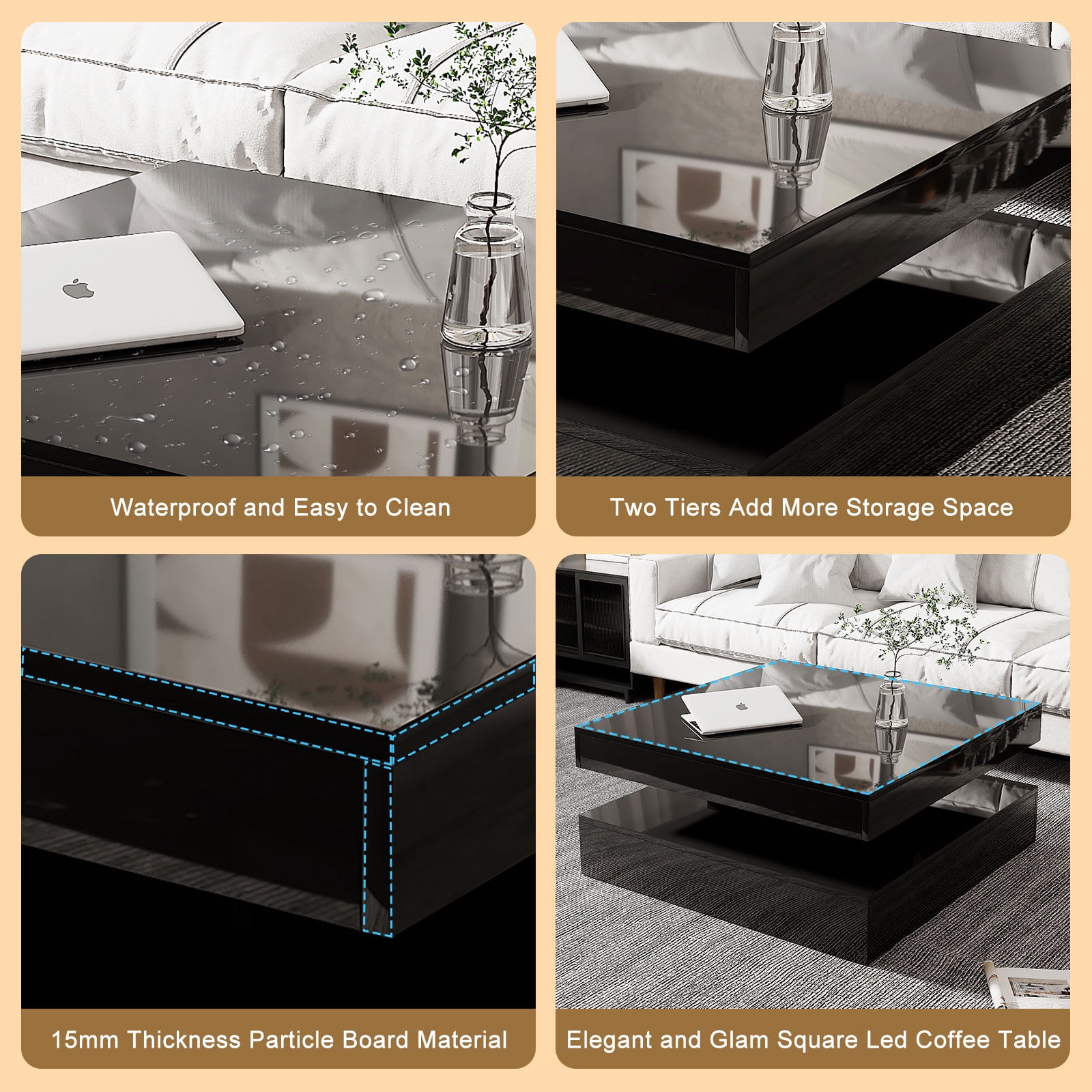Hironpal Sturdy LED Coffee Table, 2-Tier Square Coffee Table High Gloss Minimalist Design with Plug-in 16-Color LED Light for Home Office Reception Room, Black