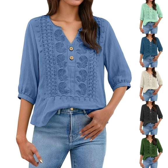 Ihhxva Women's Linen Tops Embroidered V-Neck Blouse Cotton Lightweight Button Detail Boho Loose Top Casual Summer Flowy Tunic for Beach Holiday M-3XL