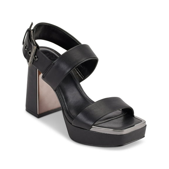 DKNY Womens Black 1" Platform Ankle Strap Padded Bibiana Square Toe Block Heel Buckle Leather Dress Slingback Sandal 10 M