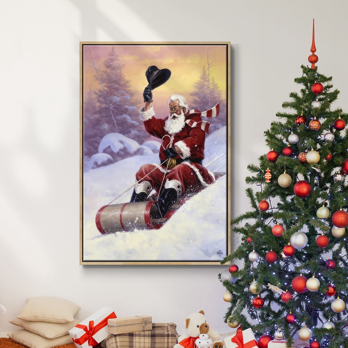 Here Comes Santa - Framed Gallery Wrapped Holiday Canvas - 17 x 25 - Natural Wood Frame