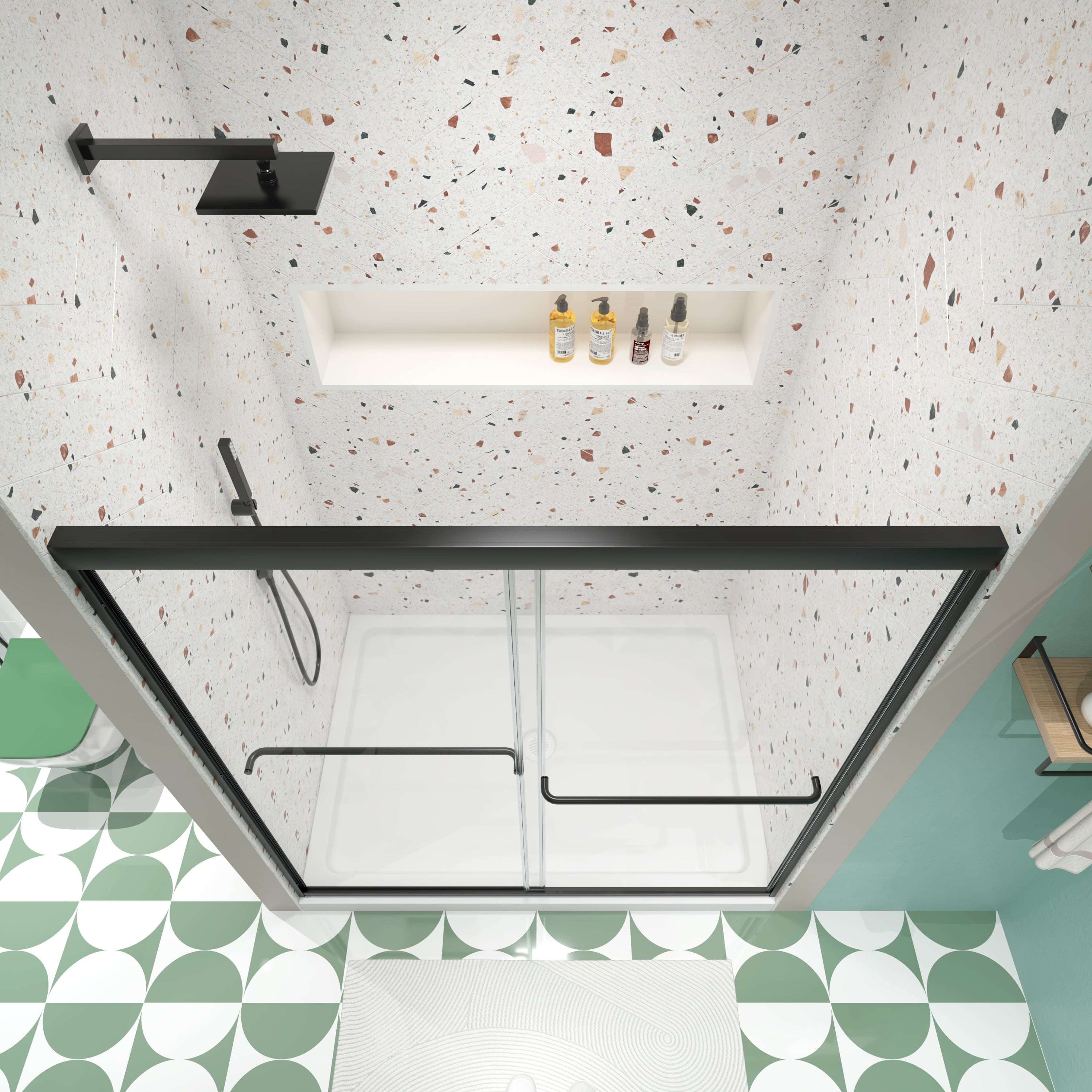 MAYEERTY 50-54"W x 70"H Double Sliding Shower Bypass Door, Tempered Glass & Stainless Steel Handle, Matte Black