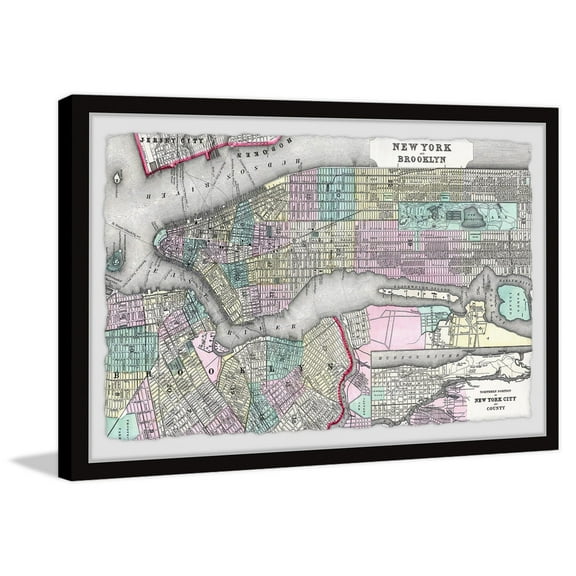 Marmont Hill Colored Brooklyn Map Framed Wall Art, 30" x 45"