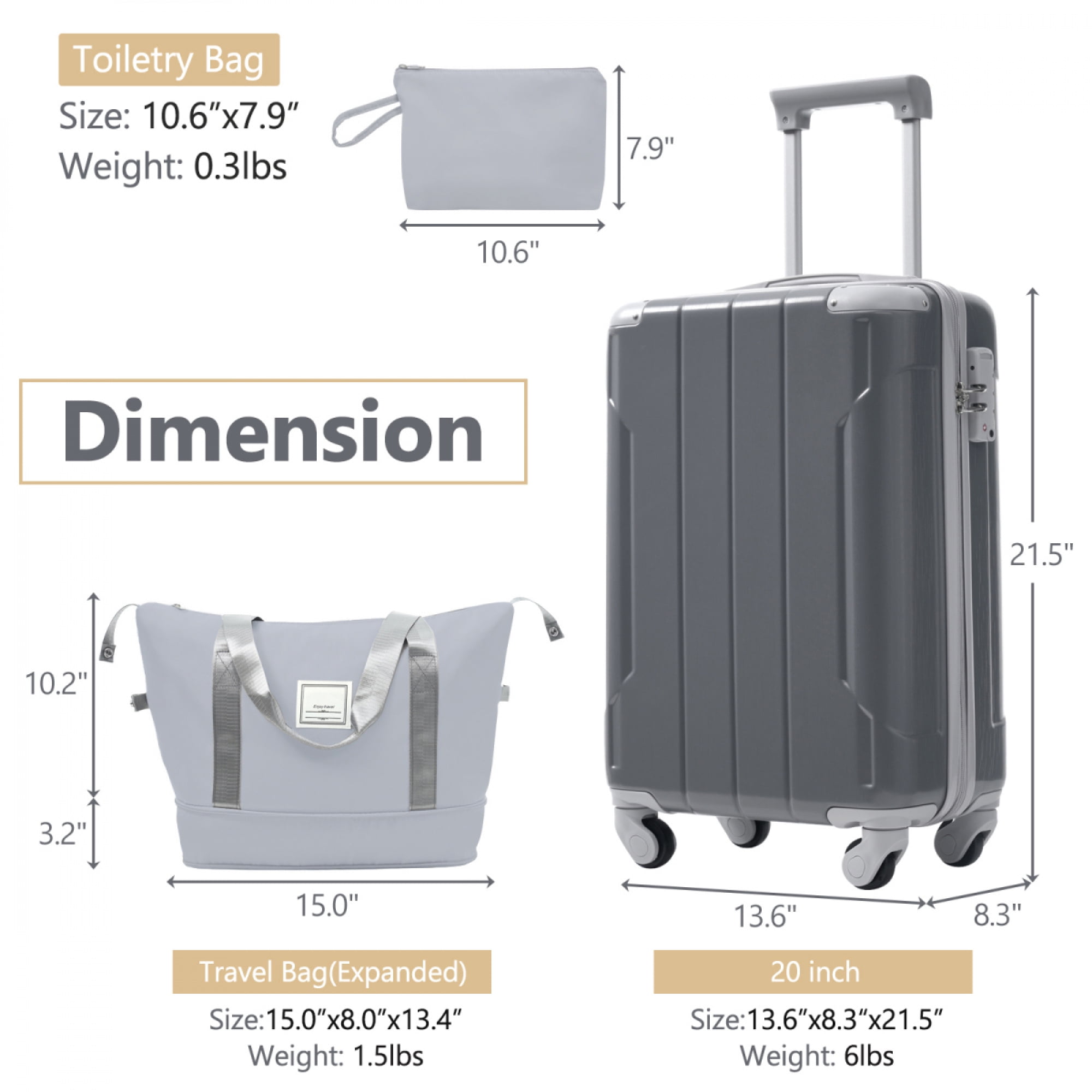 20 Inch 3-Piece Carry On Luggage Set - Lightweight ABS Hardshell Suitcase with Spinner Wheels for Business Travel & Weekend Getaways,Cool Gray