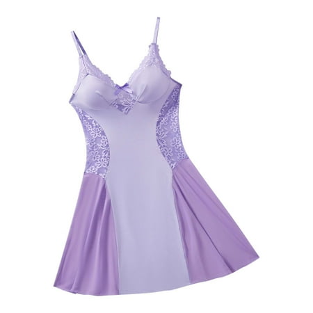 Womens Lace Lingerie Nightgowns Sleeveless Camisole Sleep Dress Slimming Short Sleepshirts  Purple  S