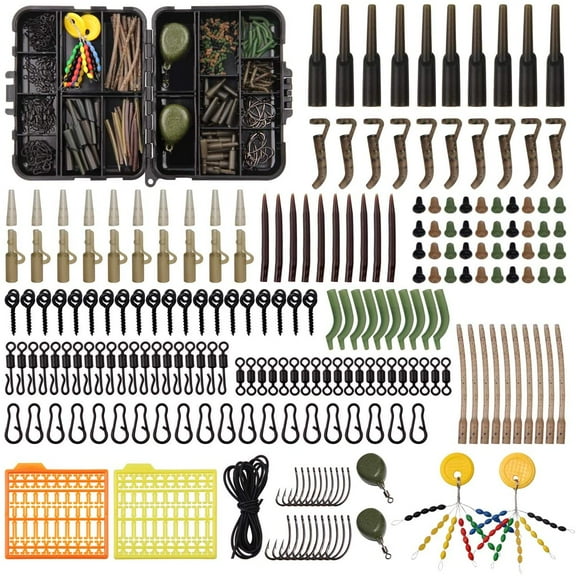 OROOTL 217pcs/box Carp Fishing Accessories in Tackle Box Anti Tangle Sleeve Line Aligner Bait Screw Stopers Carp Hook Carp Iron Weights for Carp Fishing Bait Making Carp Terminal Tackle