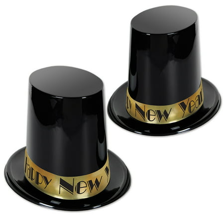 Club Pack of 25 Big Black Happy New Year Top Hat with Gold Band