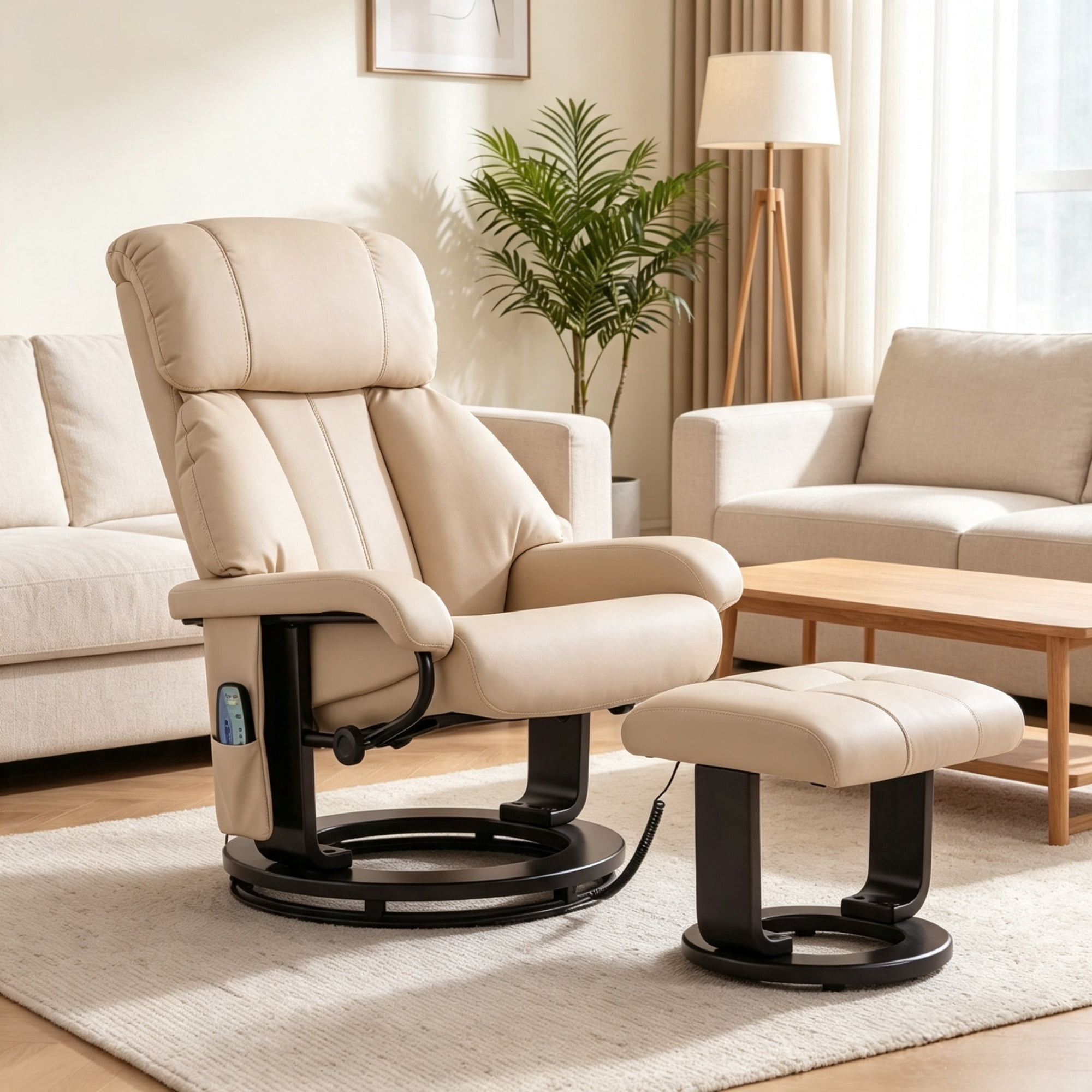 360° Swivel Massage Recliner Chair, 10-Point Vibration Footstool for Living Room, Beige