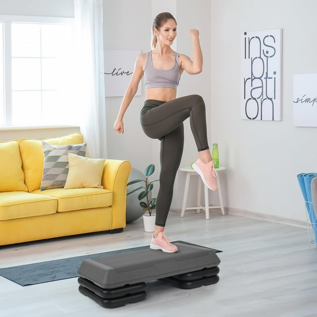 Junglea 28.5 Inches Aerobic Step Platform Exercise Stepper Workout Step Up Box For Home Gym 4 Riser 3 Levels 4"" - 6"" - 8"" Height Adjustable Fitness Step Bench Strength Training Step Ladder