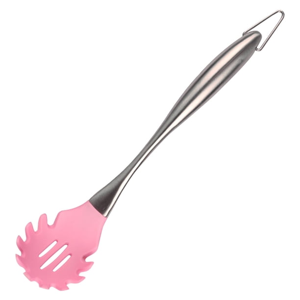 Cuchara para espaguetis con ranuras de silicona y mango de acero inoxidable, antiadherente, para cocina, para el hogar y el restaurante (rosa)