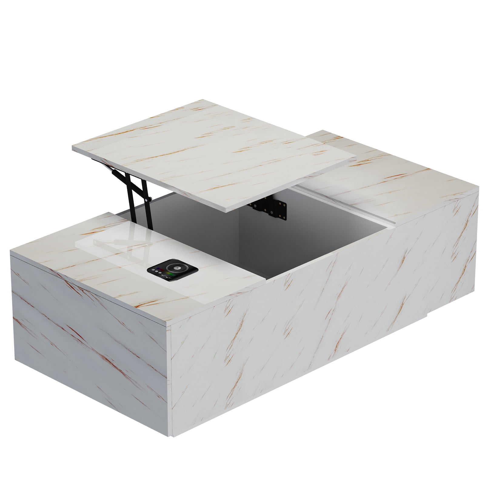 Hommoo Coffee Table with Storage and 24-Color LED Lights, Wooden Faux Marble Console Table, Wireless Charging and Bluetooth Speaker, Black