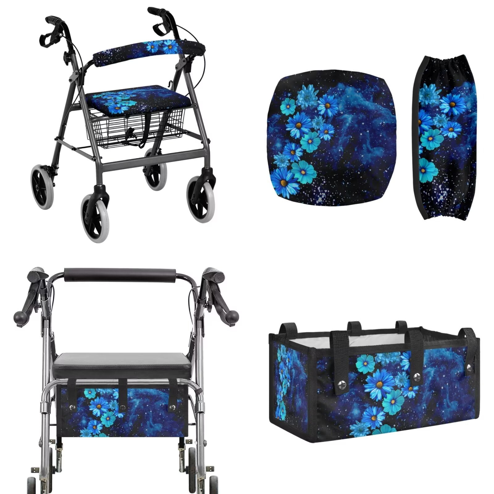 COEQINE Rollator Walker Seat and Backrest Covers with Storage Bag 3 Pieces Set, Universal Washable Rollator Walker Accessories Gifts for Seniors Ladies, Blue Daisy Galaxy Nebula